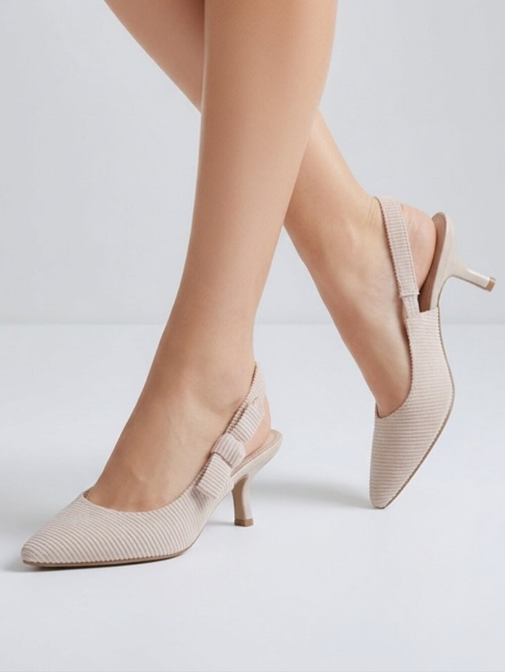 Textured Slingback Kitten Heels in Beige